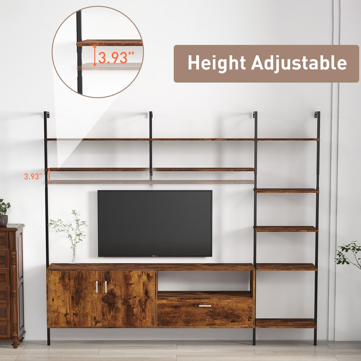 Bonzy Home Wall Mounted TV Stand for TVs up to 60", Industrial Entertainment Center with Bookshelves and Adjustable Shelves, 65" Wall Entertainment Center for Living Room, Rustic Brown Bonzy Home