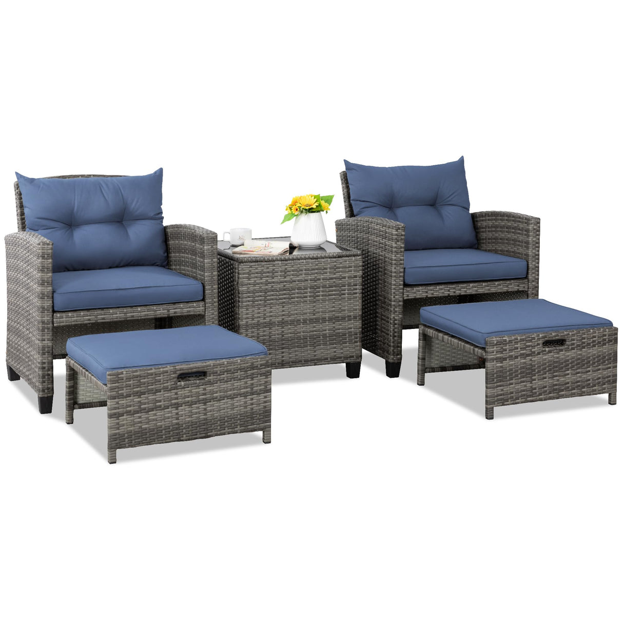Shintenchi 5 Pieces Patio Furniture Set, Outdoor Wicker Patio Conversation Set with Ottoman, All Weather Rattan Outside Chairs with Coffee Table & Cushion for Porch, Garden, Backyard, Navy Shintenchi