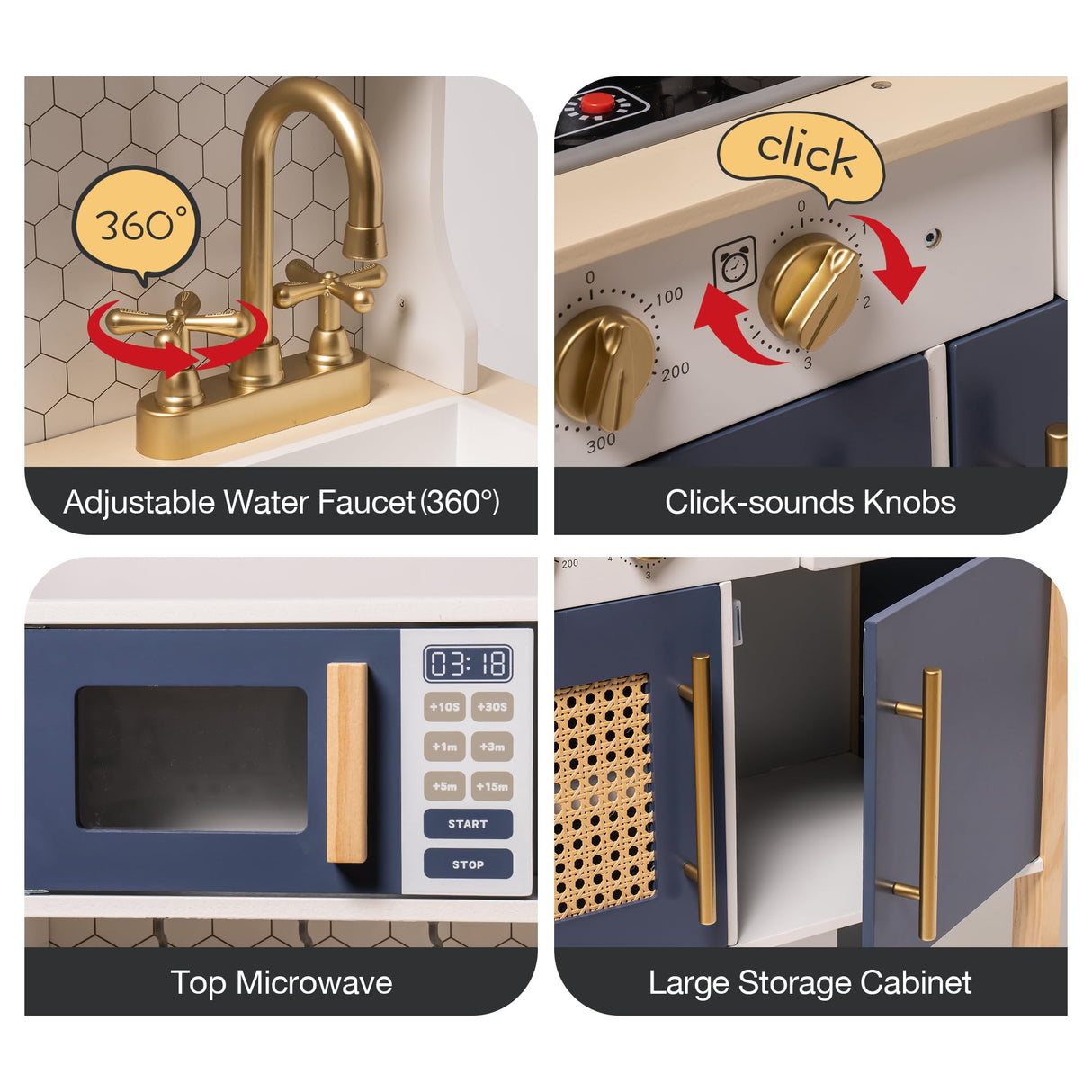 ROBOTIME Wooden Play Kitchen, Kids & Toddlers Kitchen Playset, Kids Play Kitchen Pretend Play Set with Lights & Sounds, Toy Kitchen for Ages 3+ (Blue) ROBOTIME