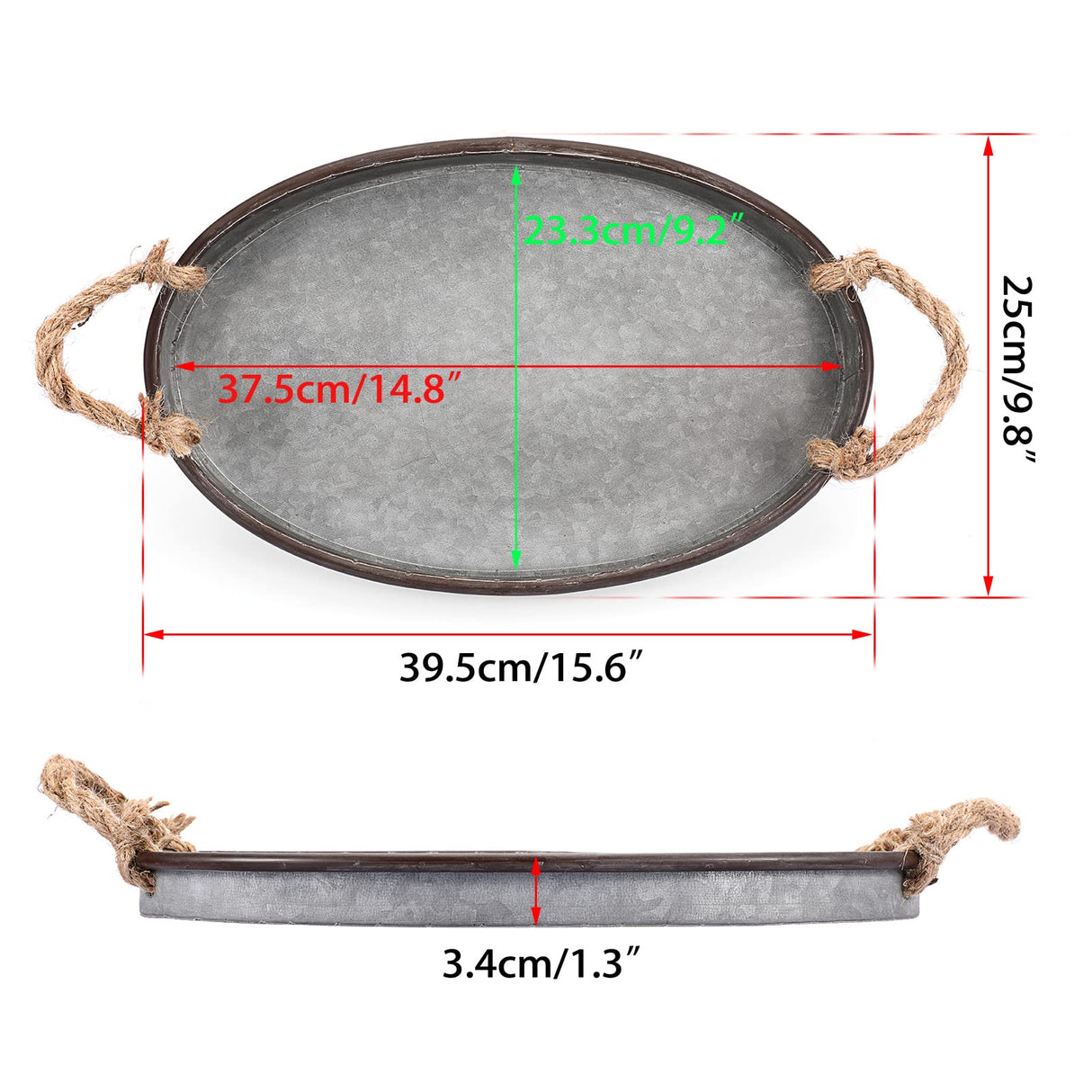 Hipiwe Galvanized Metal Iron Oval Tray with Rope Handle Farmhouse Serving Tray Rustic Industrial Decorative Centerpiece for Coffee Table Weddings and Parties Decor, Large Hipiwe