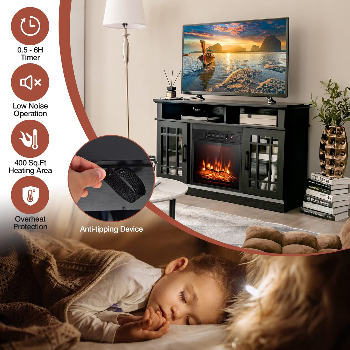 COSTWAY Electric Fireplace TV Stand for TVs Up to 55 Inches, 18-Inch Fireplace Insert with Remote, Overheat Protection, 48-Inch Wooden Media Entertainment Center with Adjustable Shelves, Black COSTWAY