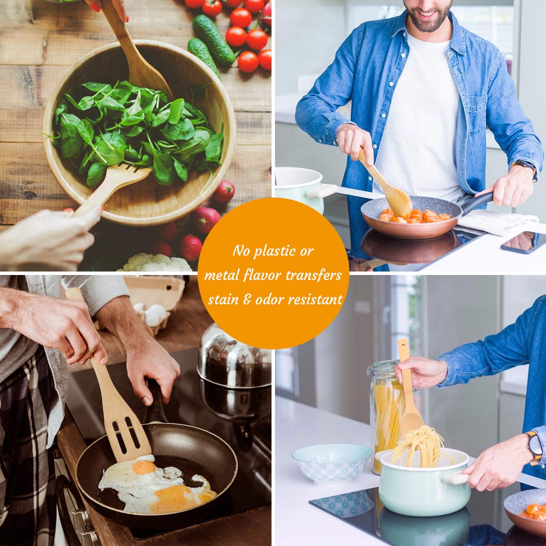 Bamboo Kitchen Cooking Utensils, 6 pcs Nonstick Cooking Spatula Tools with Handles, Heat Resistant Spatula Set, Non-stick Cooking Utensil, Premium Wooden Cooking Spoon Sets for Kitchen Zhuoyue