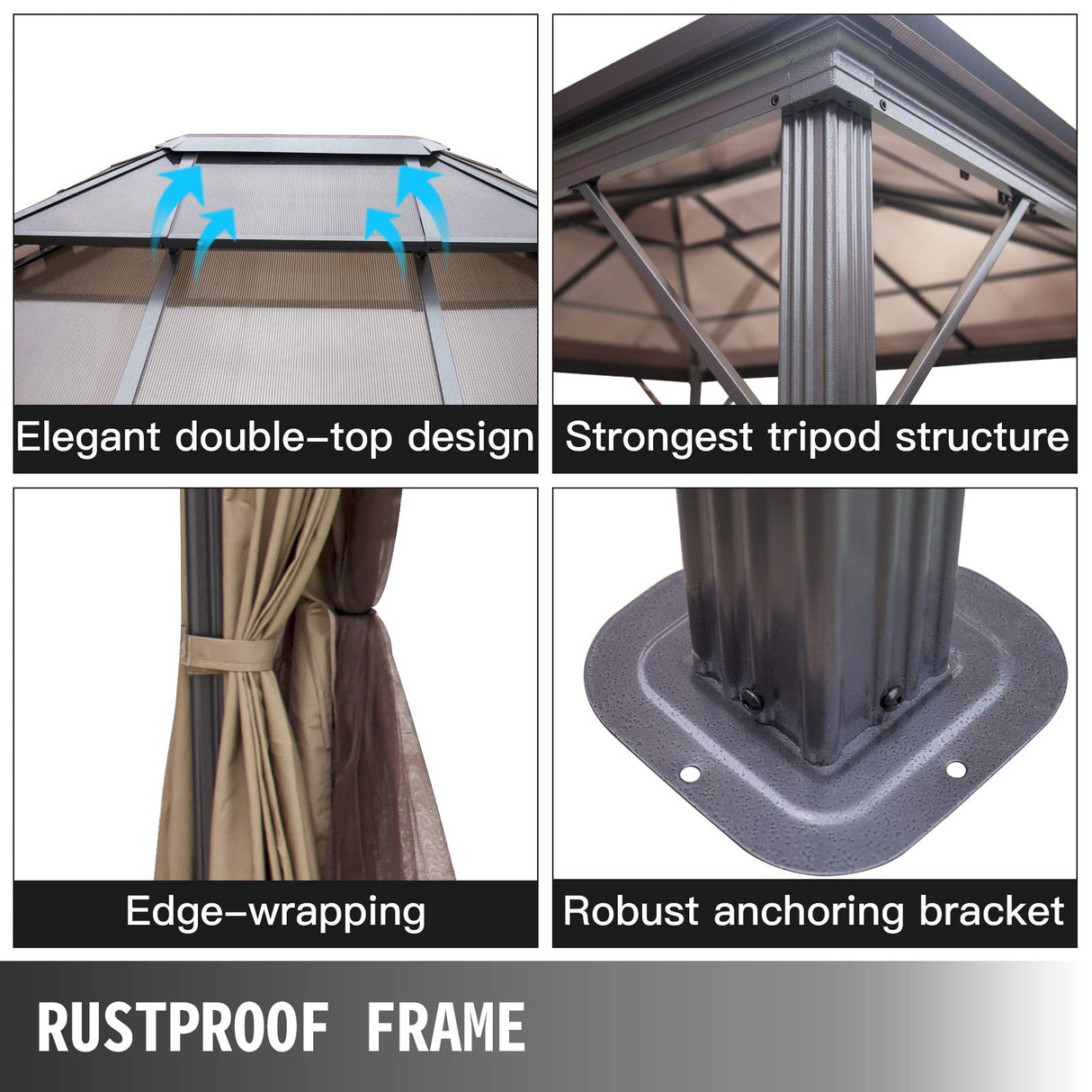 Happybuy Polycarbonate Hardtop Roof Gazebo 10' x 10' with Netting - Metal Gazebo Aluminum Permanent Double Tier Roof- Gazebos for Patios, Backyard, Outdoor and Lawn Happybuy