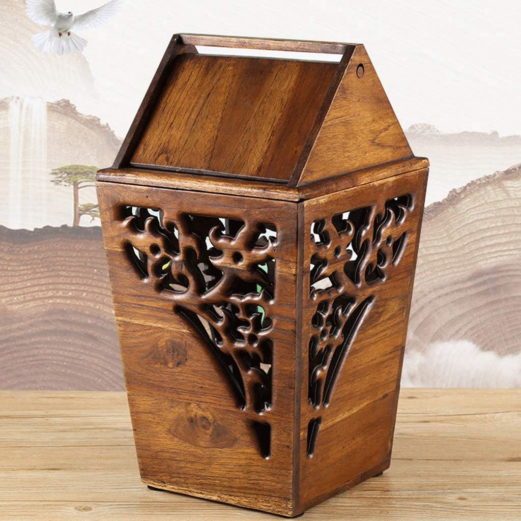 liangzishop Trash Can Waste Bin Antique Wooden Trashbin Shake Cover Teak Waste Bin Hand Hollow Carved Trash Can Indoor Solid Wood Trash Box 3.2 liangzishop