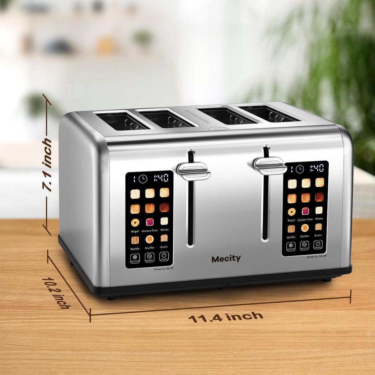 Mecity 4 Slice Toaster Touch Screen Control 4 Wide Slot, Stainless Steel Smart Bread Toaster for Bagel Muffin Waffle, Dual Control Pannel, Timer, Defrost, Reheat, 120V 1650W Mecity