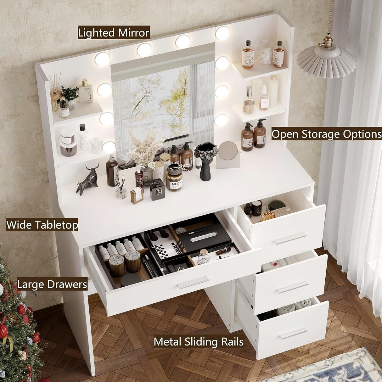 Irontar Vanity Desk, Makeup Vanity with 10 LED Lights & 4 Drawers, Brightness Adjustable, Dressing Table Desk with 6 Open Storage, Vanity Table for Women, White WDT003W Irontar