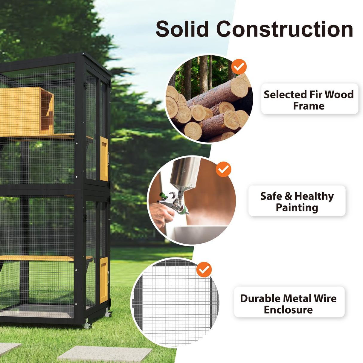 TIMHAKA Cat Catio Outdoor Enclosure, 4 Tiers Cat Playen Catio with Wheels, Resting Box, Sunshine Panel Waterproof Roof, Large Pet House Cage with Removable Wood Bottom and Easy Clean PVC Layer, Black TIMHAKA