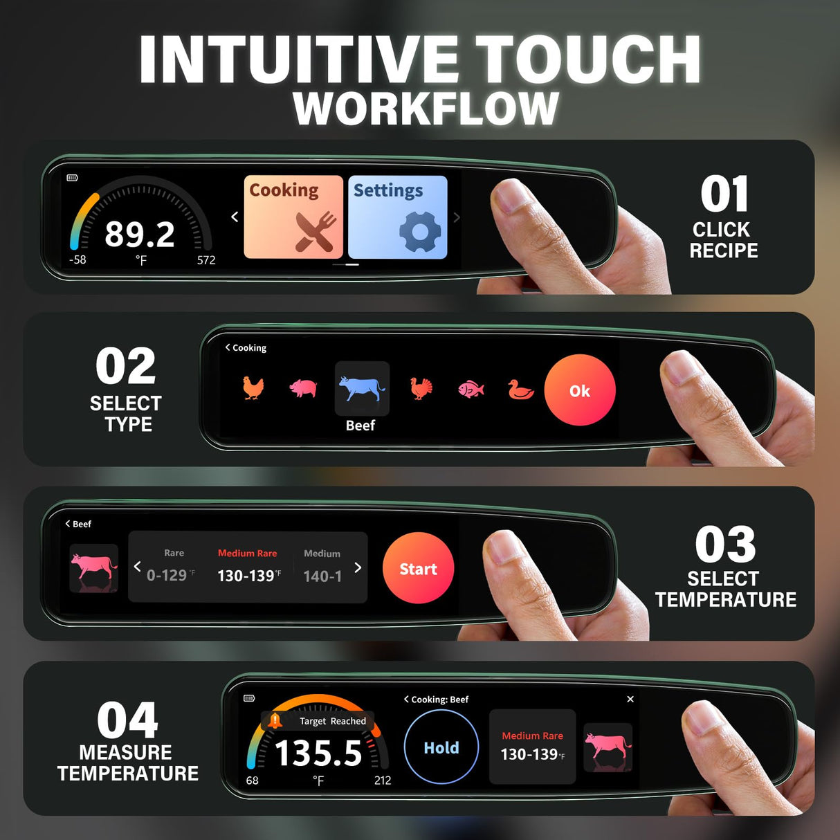 AWLKIM 0.5s Instant Read Smart Meat Thermometer Digital, 3.8″ HD Touchscreen with Temp-OS, Professional Kitchen Food Thermometer for Cooking, Grill, BBQ | ±0.5°F, −58–572°F, IP68, USB-C Rechargeable AWLKIM