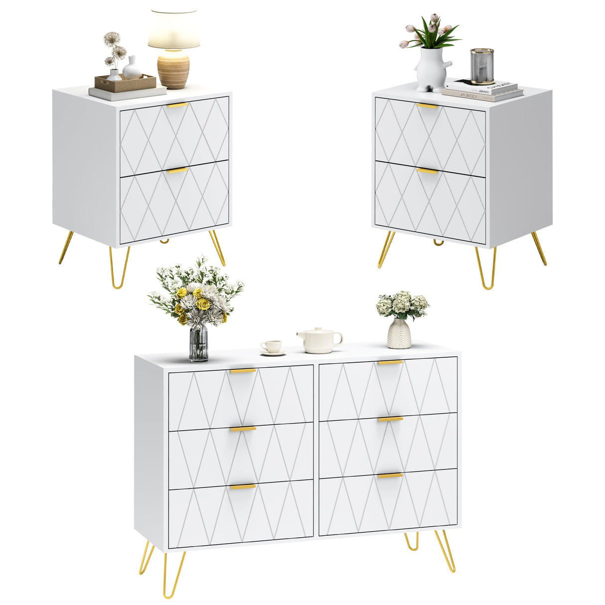 Anbuy 6 Drawer Dresser and Night stand Sets for Bedroom, Two Drawers Nightstand Set of 2 & 6 Drawer Dresser Combo 3 Pieces (White) Anbuy