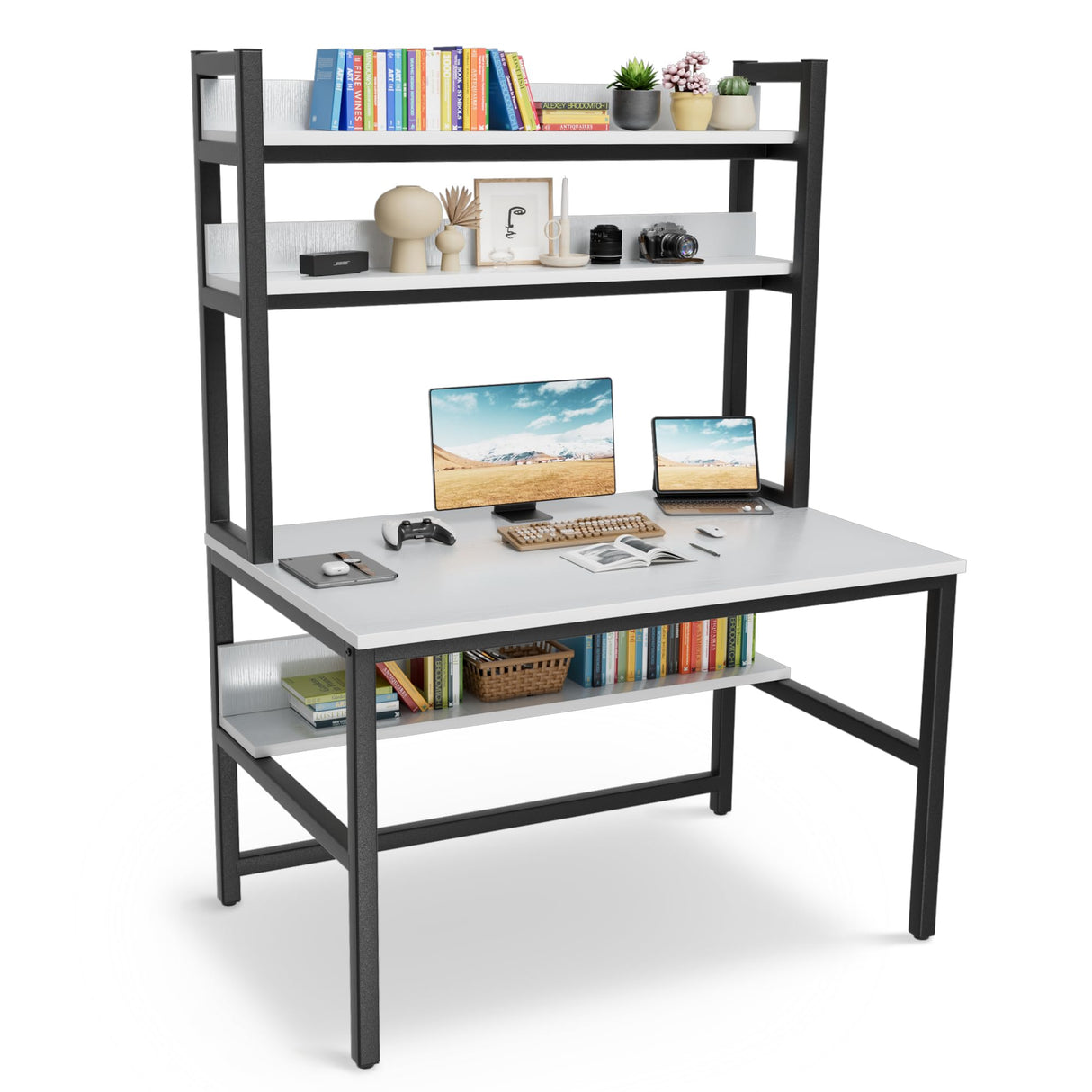 Aquzee White Computer Desk with Hutch and Shelves - Easy Assembly Gaming Table with 4 Tiers for Storage and Study Aquzee