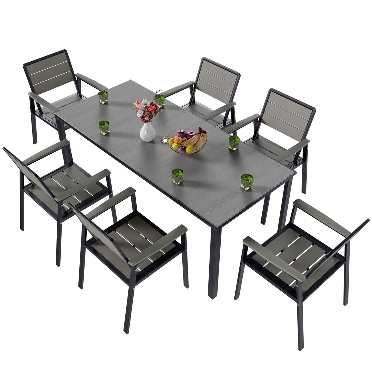 AreShark 7-Piece Patio Dining Set with 11 FT Curvy Cantilever Umbrella, HDPE Tabletop & Aluminum Frame All-Weather Outdoor Furniture for Garden, Backyard, Poolside, Gray AreShark