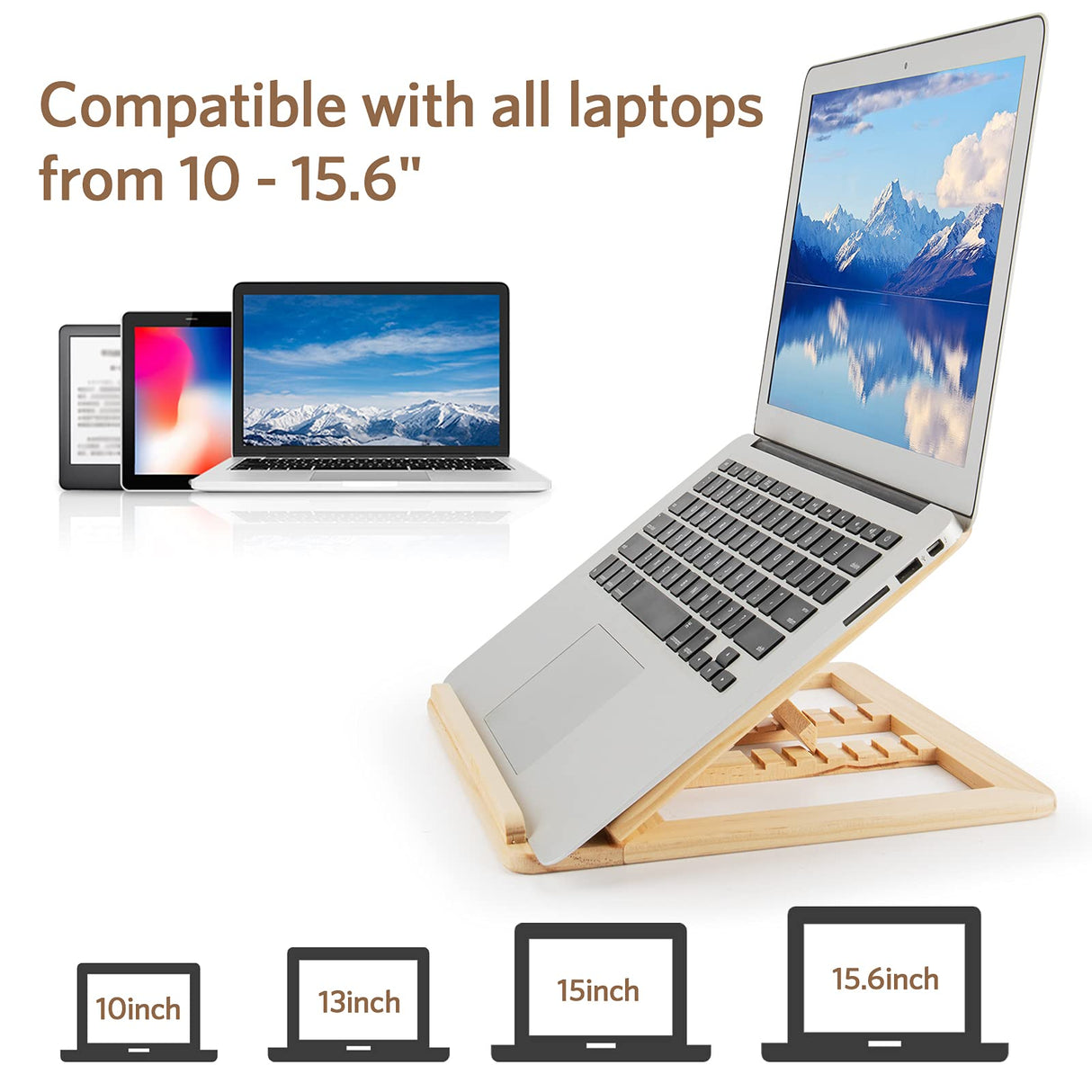 Skoioje Wooden Laptop Stand, Foldable Wood Laptop Riser Adjustable Computer Wooden MacBook Stand for Desk Portable Universal Notebook Laptop Holder with Multiple Angles for Laptops Up to 15.6 inches Skoioje