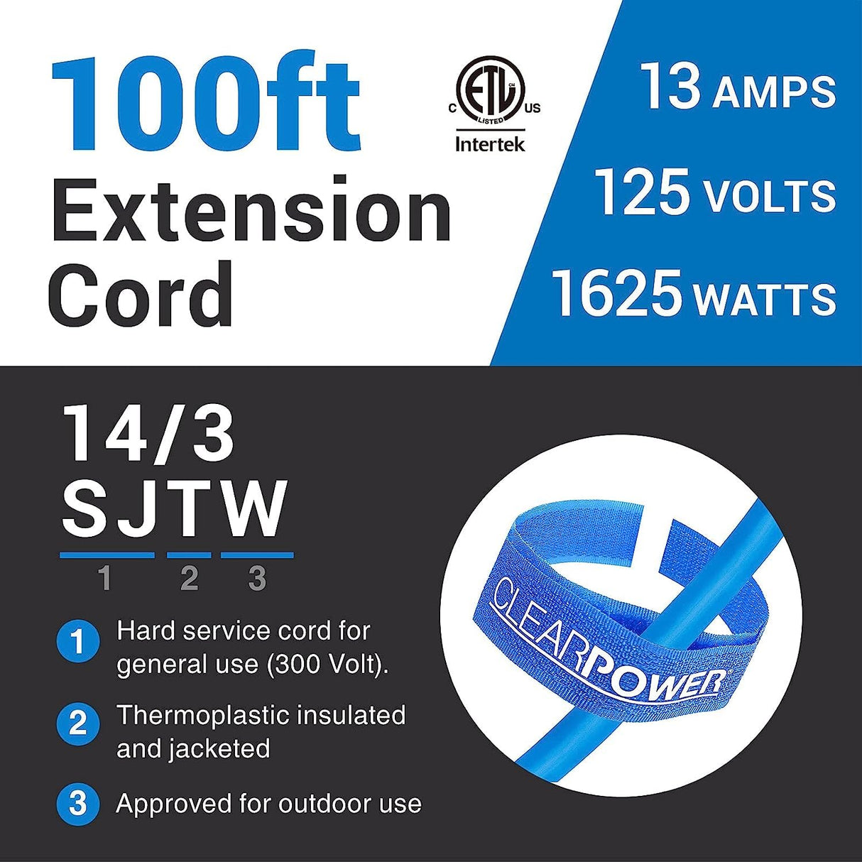 Clear Power 100 ft 14/3 SJTW -50°C Extreme Cold Weather Outdoor Indoor Extension Cord, Blue, Grounded Plug and Lighted Connector, Ideal for Snow Blowers and Power Tools, DCOC-0078-DC Clear Power