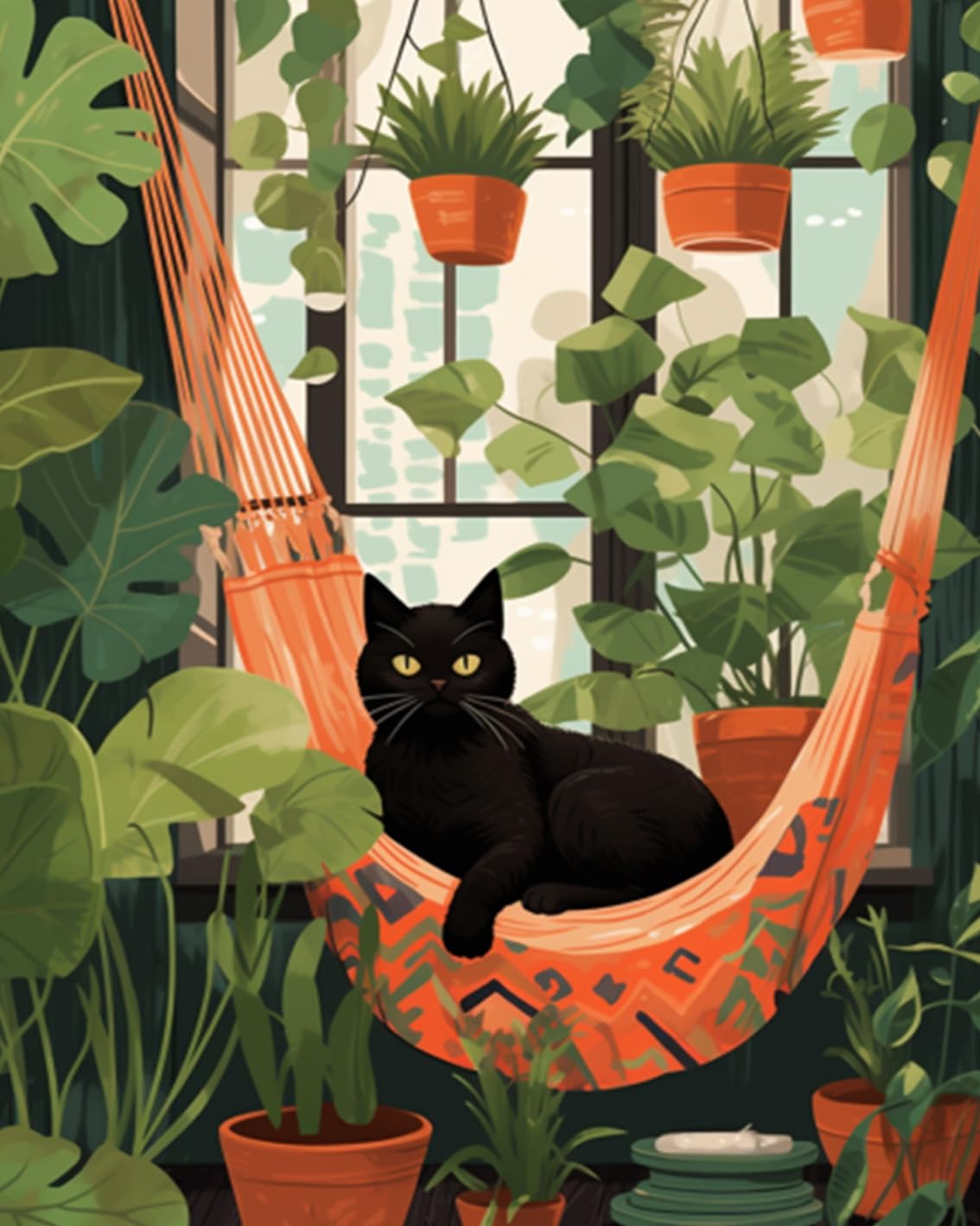 Cat and Pottings DIY Paint by Numbers for Adults Black Cat Laying on Hammock Surrounded by Green Plants DIY Oil Painting Acrylic Paint Art Graffiti Painting Kit Canvas 16x20 Inch(without Frame ) Tucocoo