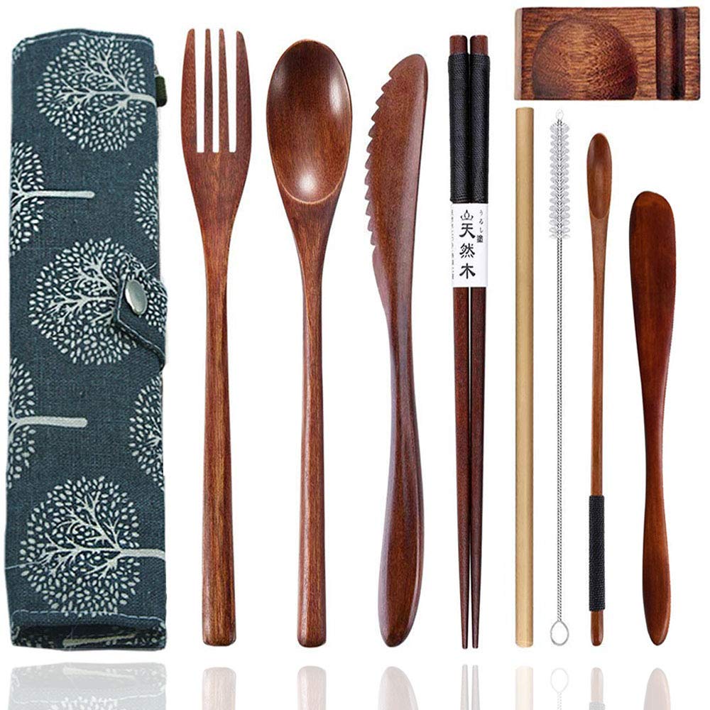 Busnos bamboo Utensils for Eating Reusable wooden travel flatware set with Case 9 Pcs durable wooden cutlery wooden spoons forks and chopsticks Wood Flatware Set with Knife Fork Spoon Chopsticks Straw Busnos