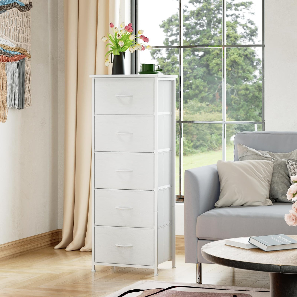 Somdot Dresser for Bedroom,Chest of Drawers Storage Organizer,Steel, MDF,Non-Woven Fabric Drawers,Closet Bedside Living Room Entryway Hallway,11.8" D x 16.5" W x 45.1" H (5 Drawers) White Leather,1 Somdot