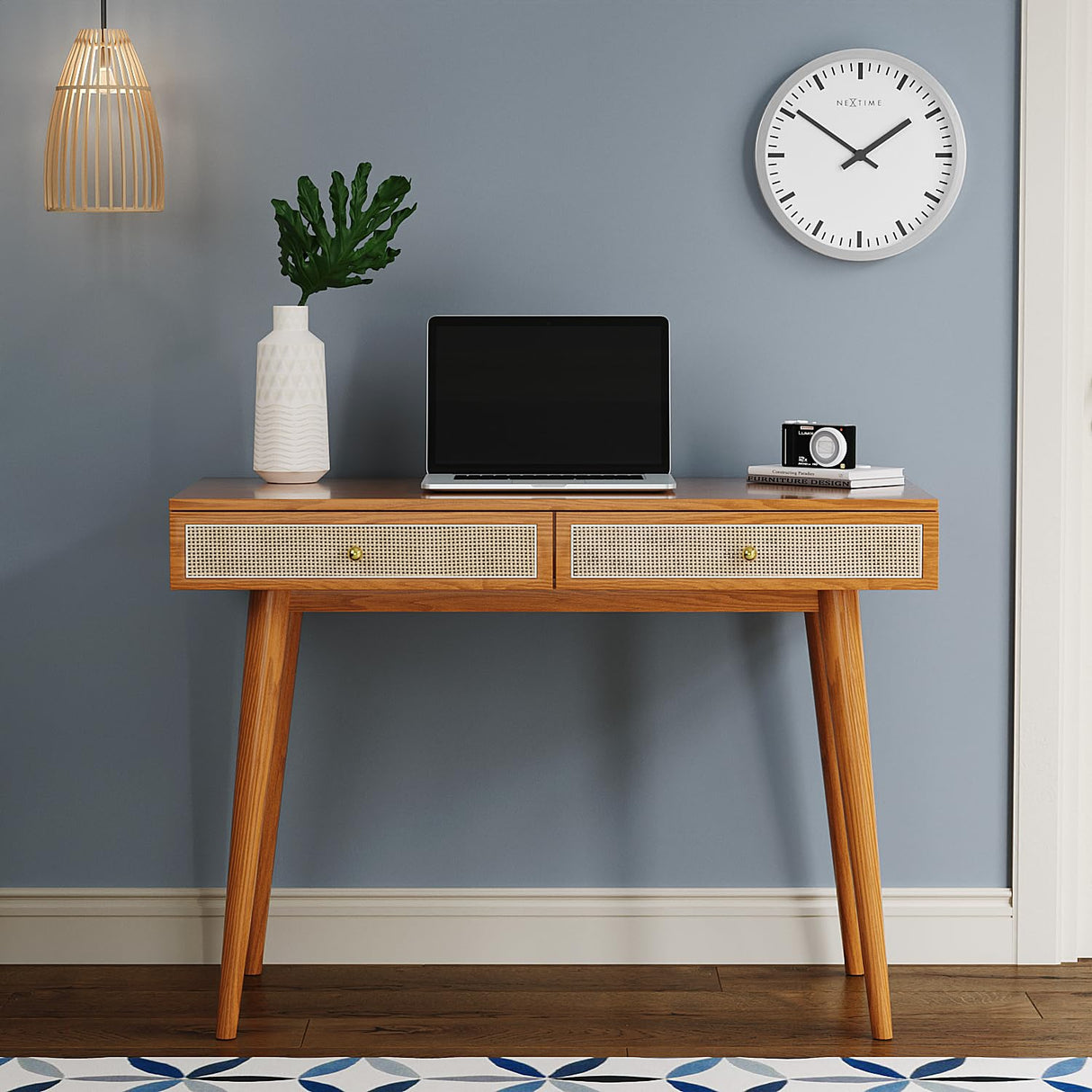 Longcoam Design Mid-Century Modern Solid Wood Desk with Drawers – 45 inch Small Boho Rattan Writing Desk for Home Office, Minimalist Design Natural Wood Table for Workspace Elegance Longcoam Design