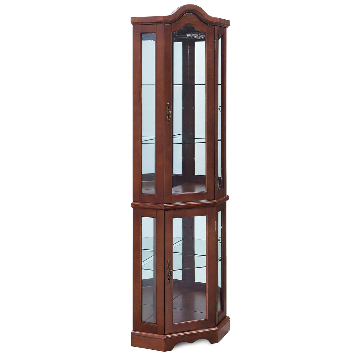 BELLEZE Lighted Corner Display Curved Top Curio Cabinet Wooden Shelving Unit with Tempered Glass Door, Bar and Liquor Storage Area with 5 Shelves - BELLEZE