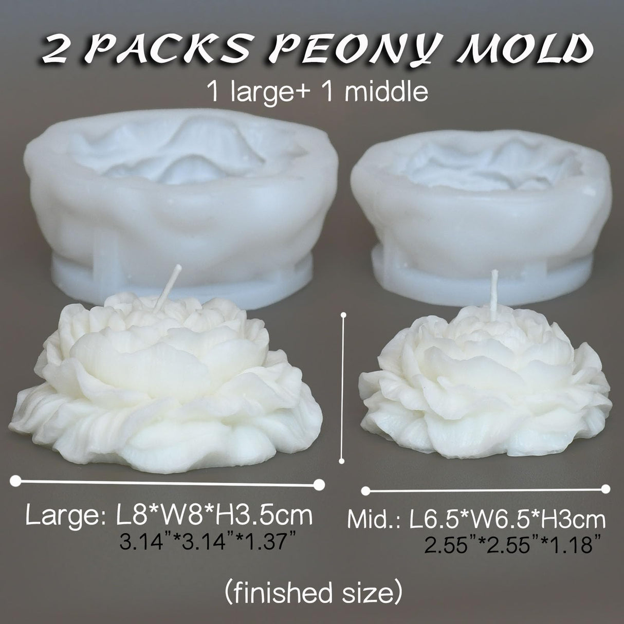 2 Pack 3.14 inch Peony Candle Molds Set - Large & Medium 2.55inch Silicone Mold for Soap Candle Making, 3D Flower Reusable Silicone Molds(Peony 2 Pack) Giliger