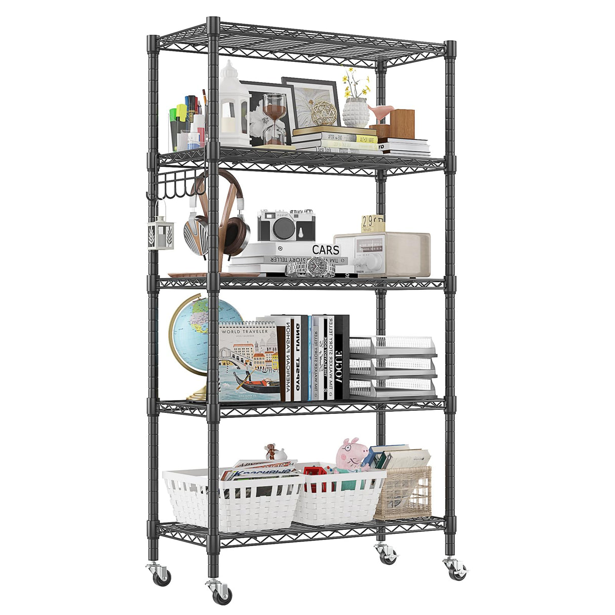 Homdox 5 Tier Metal Storage Shelves with Wheels, Heavy Duty Wire Shelving Unit, Adjustable Storage Racks with Side Hooks for Bathroom Kitchen Garage Homdox
