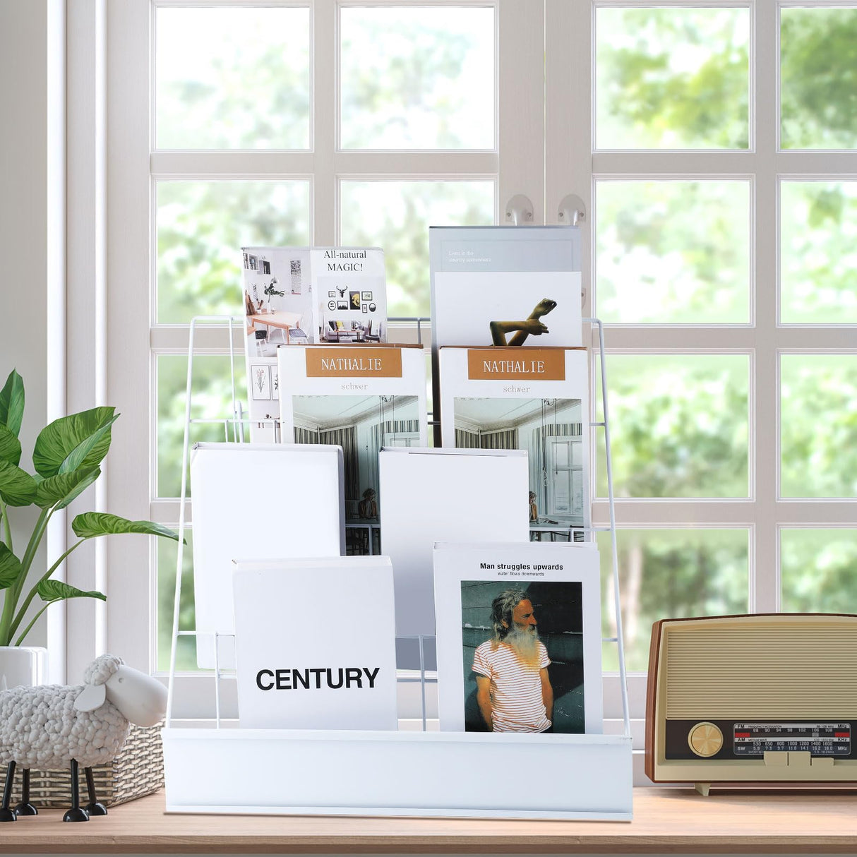 Sintuff Book Display Rack 4 Tier Comic Wire Book Display Rack 18" White Tabletop CD Magazine Retail Countertop Metal Racks for Display Library Classroom Picture Literature Sintuff