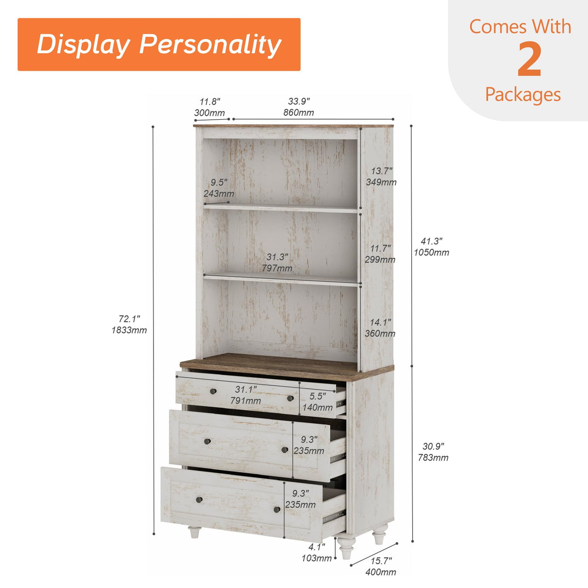 WAMPAT 3 Tier Bookshelf with 3 Drawers, 72" Tall Bookcase Large Farmhouse Display Book Case Shelf with 3-Tier Open Book Shelfs,Library Wood Bookshelves for Living Room,Kitchen, Rustic White WAMPAT