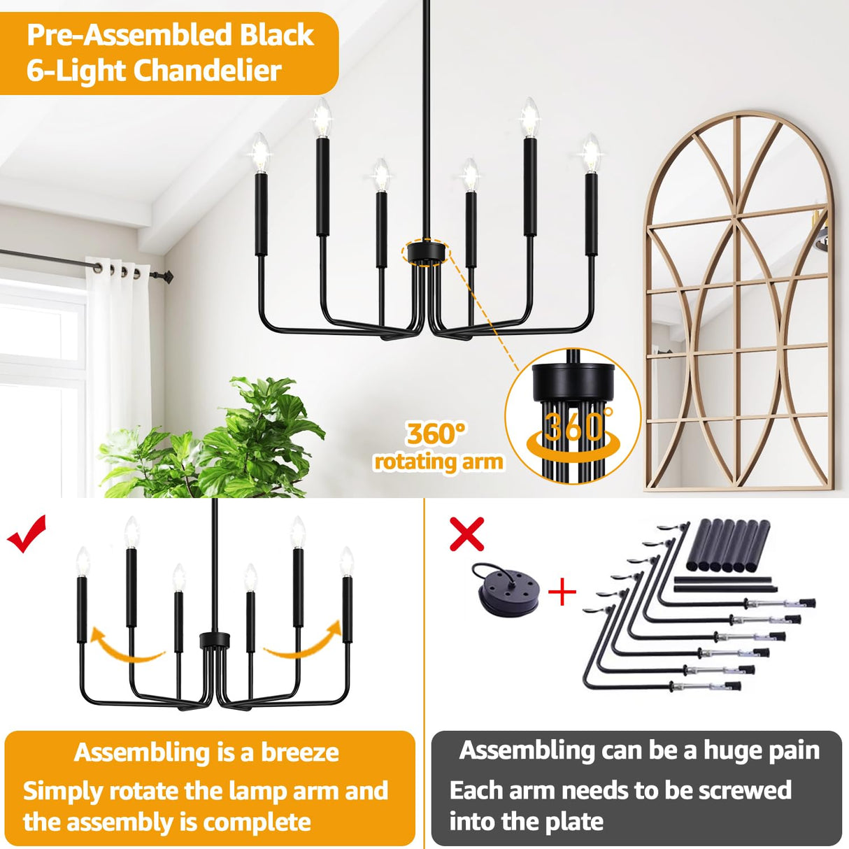 Black Chandelier, 6-Light Farmhouse Chandelier for Dining Room Lighting Fixtures Hanging, Dining Light Fixtures Industrial Modern Chandelier for Bedroom, Foyer, Hall, Kitchen, Living Room and Entryway Lynnoland
