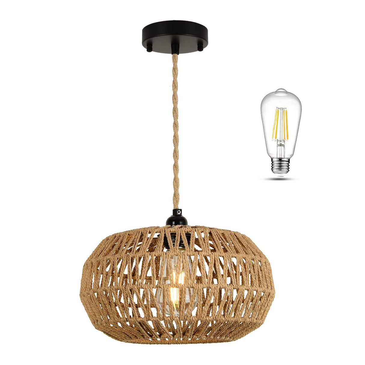 Farmhouse LED Rattan Pendant Lights, Boho Chandelier Light Fixture, Rustic Wicker Hand Woven Rope Cage Basket Pendant Hanging for Dining Room Living Room Kitchen Bedroom Nursery Foyer Hallway Entryway Stepeak