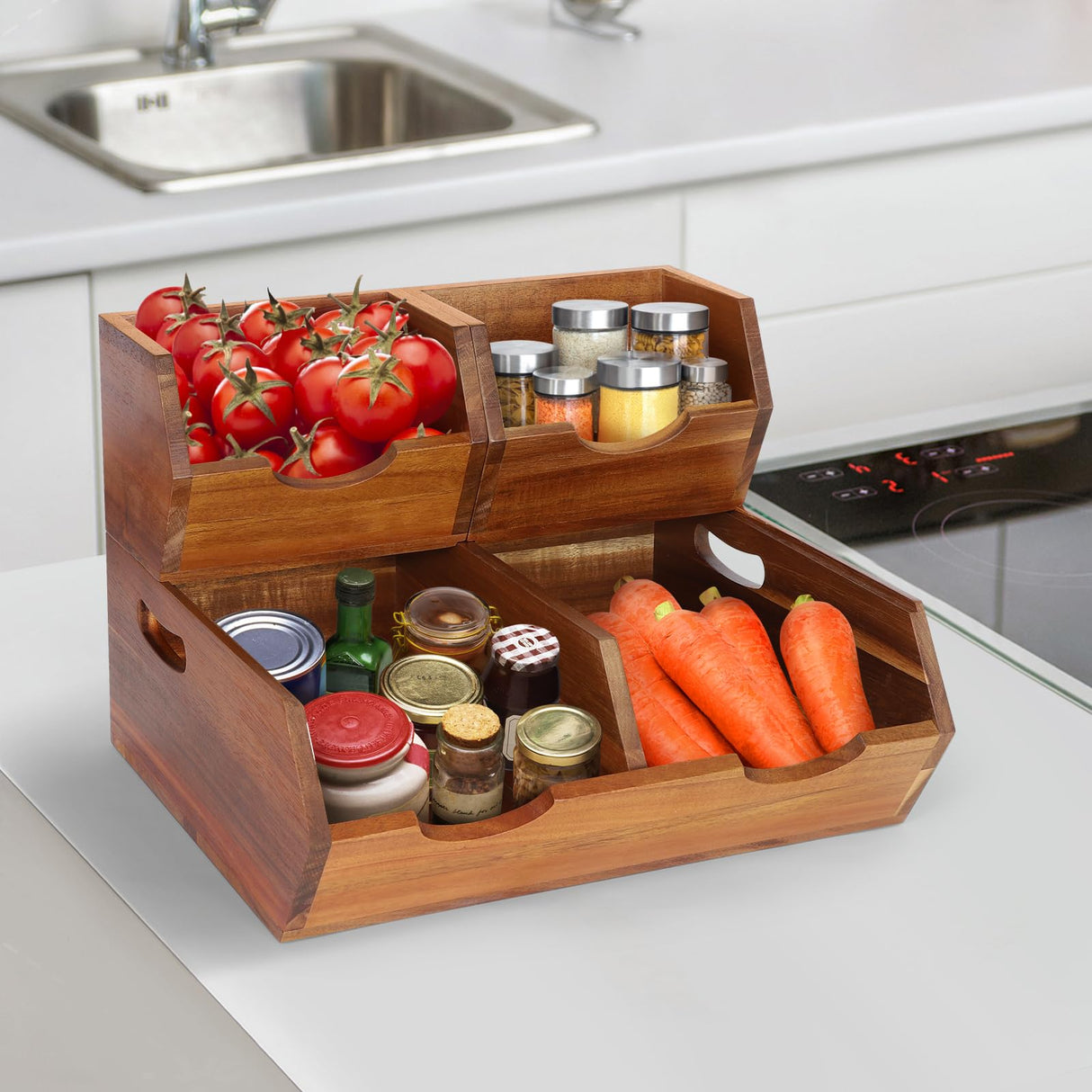 3 in 1 Acacia Wood Pantry Storage Bins for Kitchen(No installation Required)-Potato and Onion Storage Bins,2-tier Vegetable and Fruit Organizer with Anti-slip Mat,Stacking Bins for Kitchen & Pantry EULXSUD