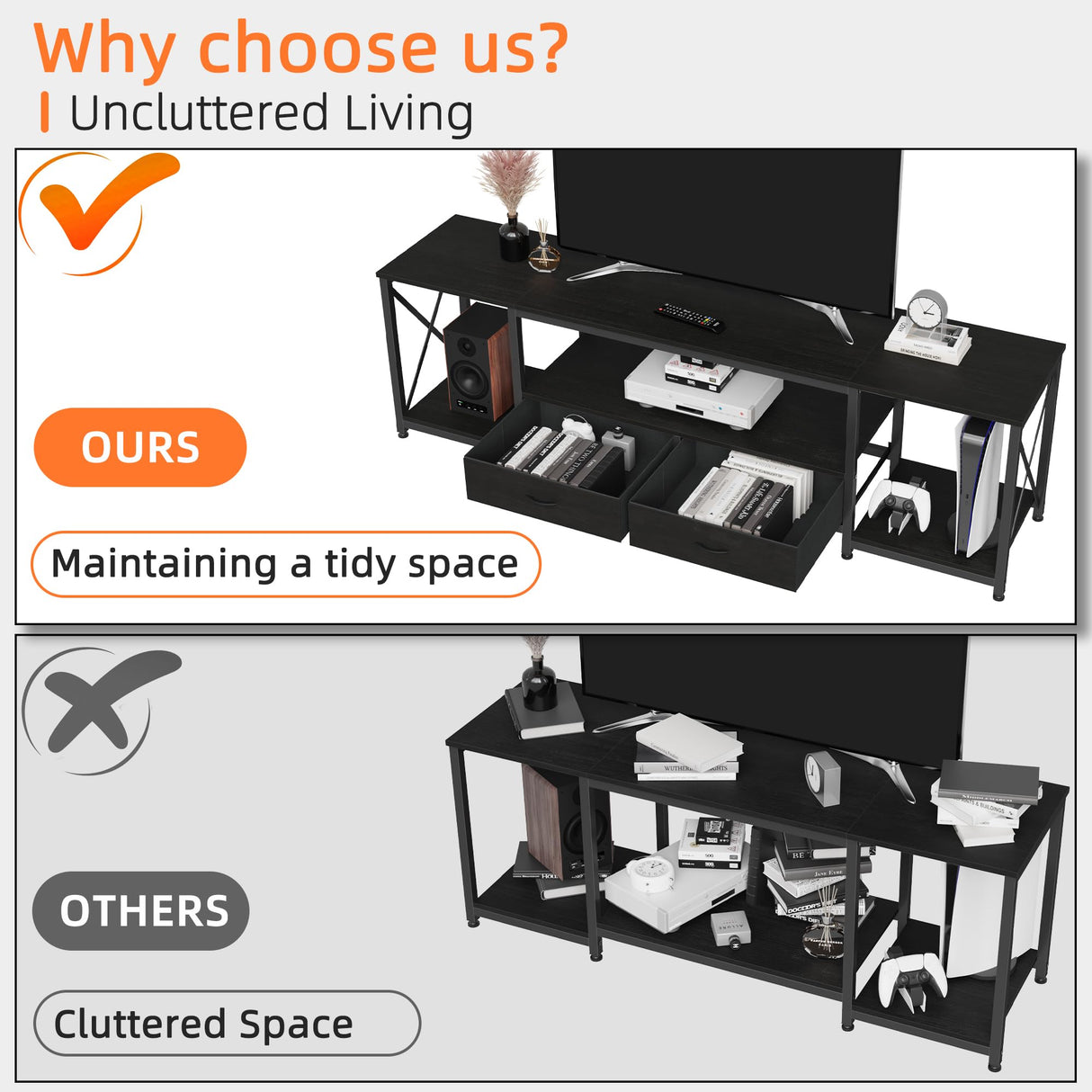 GYIIYUO TV Stand with Fabric Drawers for 75 80 Inches TV - Entertainment Center and Industrial TV Console Table with Open Storage Shelves for Living Room, Bedroom- 71.5" Black GYIIYUO