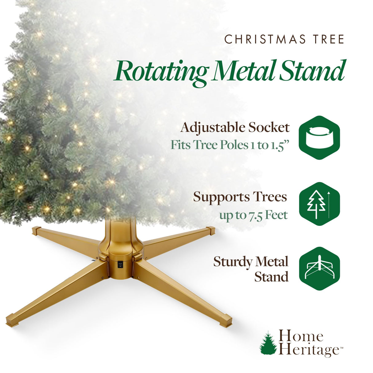 Home Heritage Artificial Christmas Tree Base Rotating Metal Stand for 1 to 1 1/2 Inch Diameter Artificial Christmas Tree Poles, 31 Inch, Gold Home Heritage
