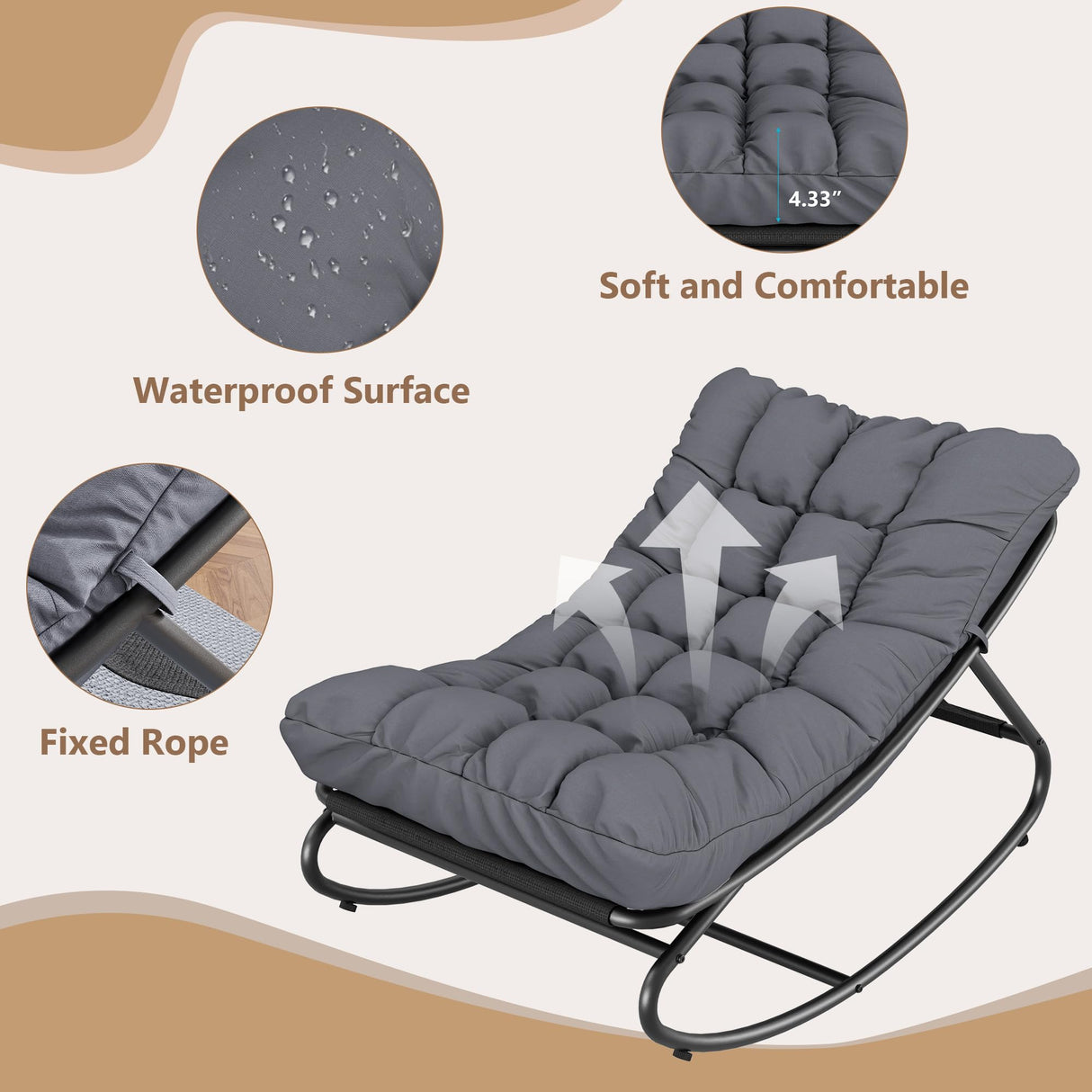 Rocking Papasan Chairs, Outdoor Lounge Chairs with Comfy Cushions, Sturdy Metal Frame, Reading Chairs for Adults, Padded Seat for Patio, Garden, Nursery, Living Room GarveeLife