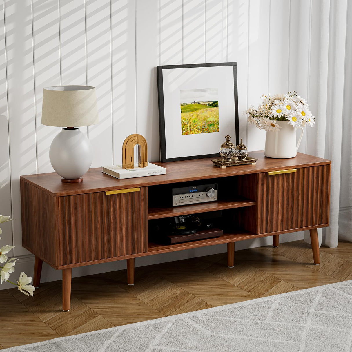 TV Stand for Living Room, Mid Century Modern Entertainment Center for 55/60/65 inch TVs, TV Console with Fluted Door Cabinets and Open Shelves, for Bedroom, Walnut LCRBOL