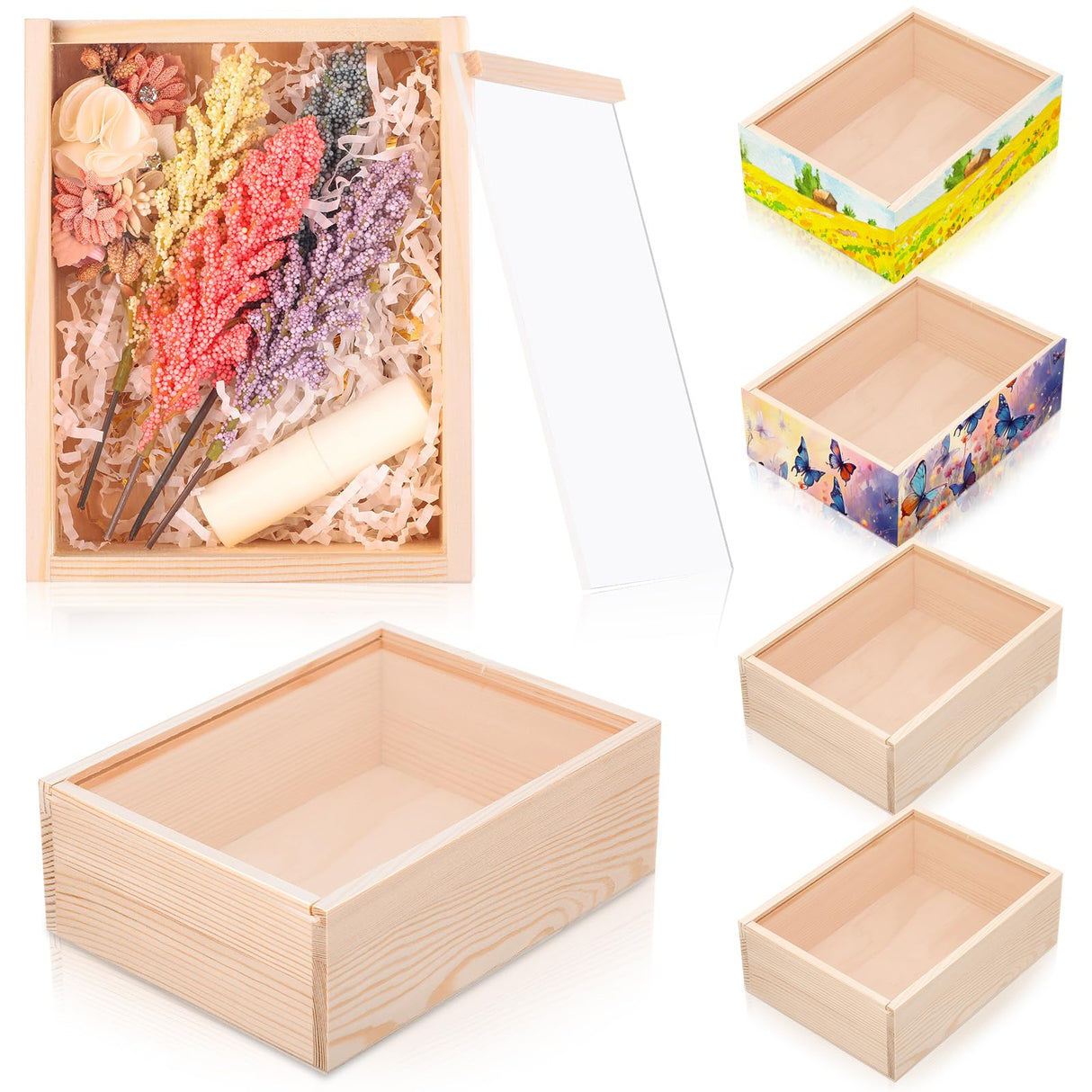Thyle 6 Pcs Wood Boxes with Window for Crafts 7.8 x 6 x 2.8 Inch Unfinished Wood Box Small Wooden Storage Boxes Wooden Display Box with Sliding Transparency Lid for DIY Birthday Party Gift Favor Thyle