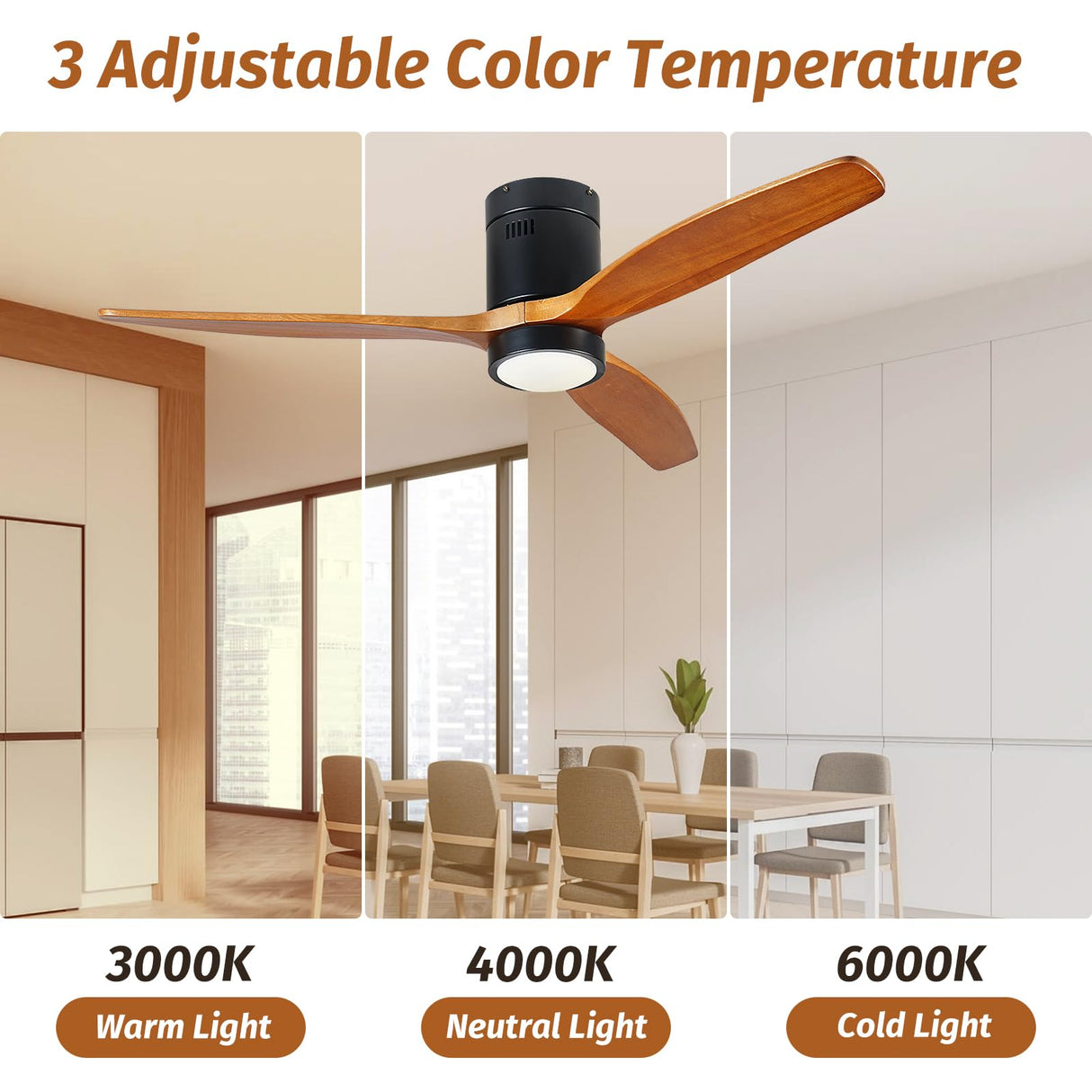 KAPOEFAN 52 Inch Flush Mount Wood Ceiling Fan with Lights, Low Profile Ceiling Fan with Light and Remote Control, Outdoor Wooden Fan DC Motor 6 Speeds 8H Timer for Farmhouse Patio KAPOEFAN