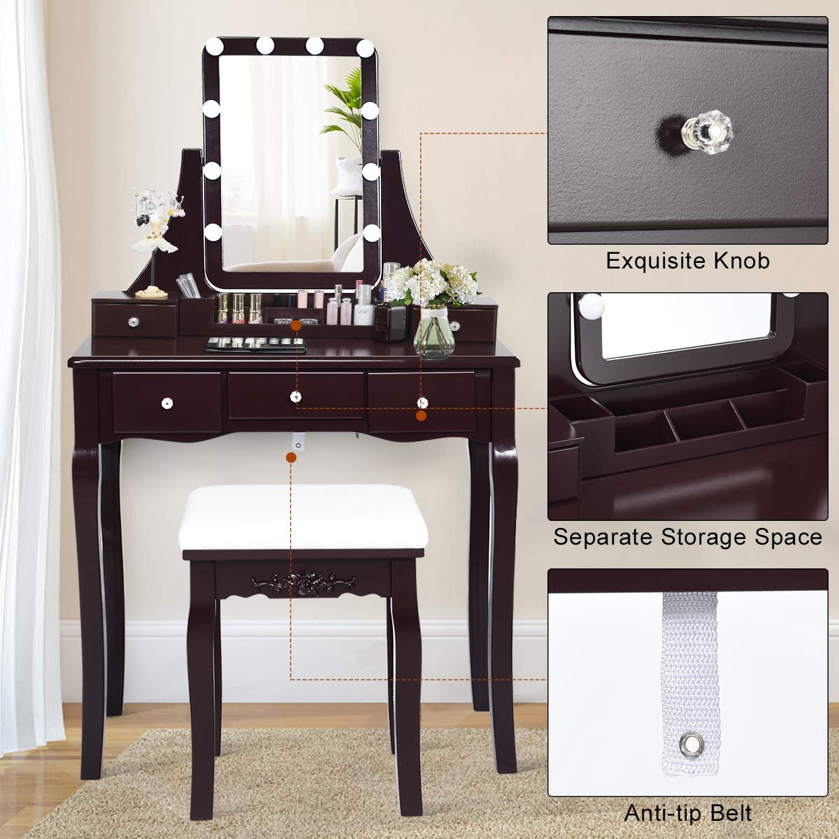CHARMAID Vanity Set with Lighted Mirror, 10 Dimmable Light Bulbs Vanity Dressing Table, 5 Drawer with 2 Dividers Removable Organizer, Makeup Table and Cushioned Stool Set with 10 LED Bulbs (Espresso) CHARMAID