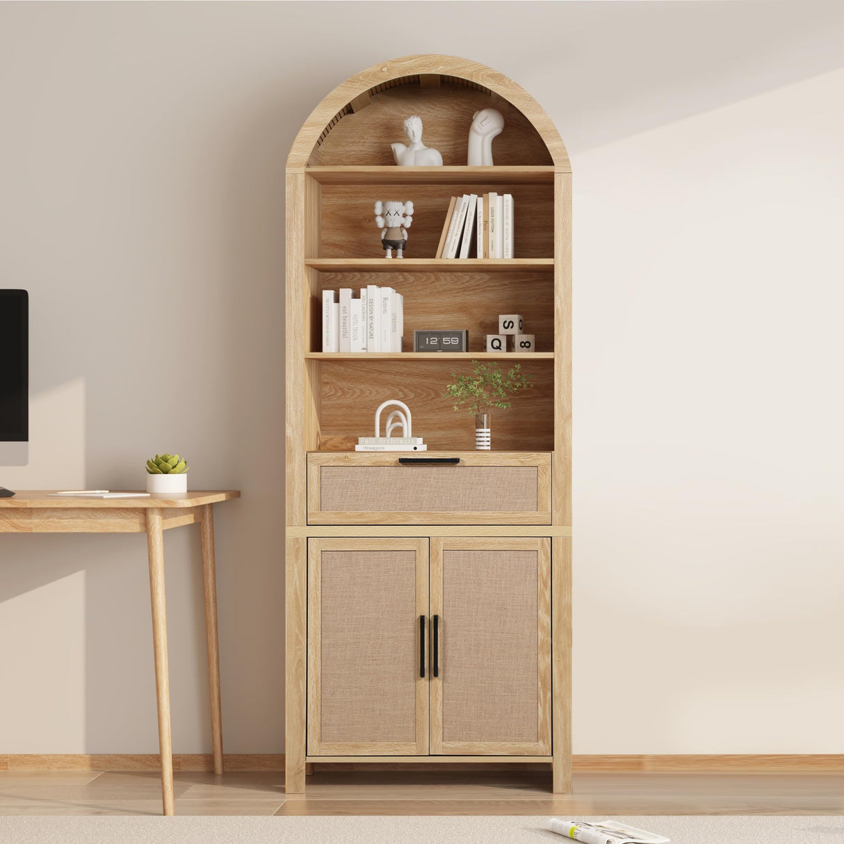 79" Tall Arched Bookcase with Storage, Mid Century Modern 6-Tier Cabinet with Door and Drawer, Arched Bookshelf with Open Display Shelf for Office Living Room (Natural, 79inch-Doors) Janmer Home
