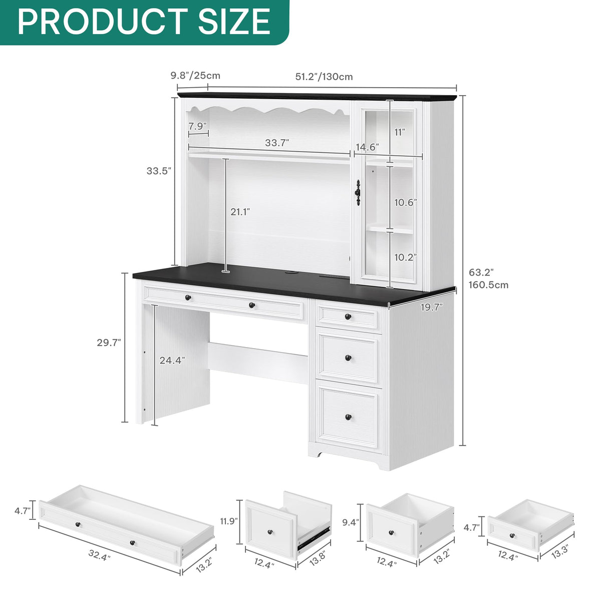 YITAHOME Executive Desk with Hutch and Drawers, Farmhouse Wood Computer Desk with Power Outlet & LED Lights, Home Office Desks with Storage Shelves, Storage Cabinet with Glass Door, White & Black YITAHOME