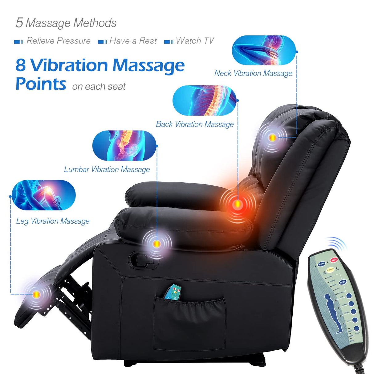 YODOLLA Home Theater Seating with Massage and Heat, RV Couch Wall-Hugger Reclining Sofa with Side Pockets for Living Room, Black YODOLLA