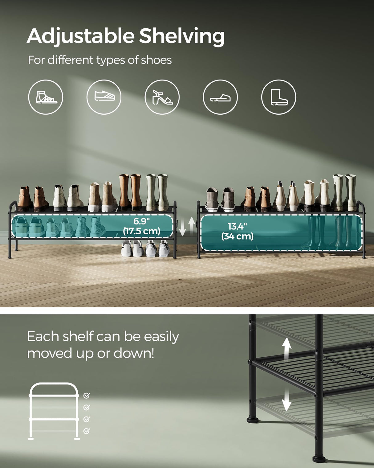 SONGMICS Shoe Rack, 2-Tier Shoe Organizer, Metal Shoe Shelf Storage with 4 Side Hooks, Holds 12 Pairs of Shoes, Height-Adjustable Shoe Rack for Entryway, Hallway, Closet, Easy Assembly, Ink Black SONGMICS