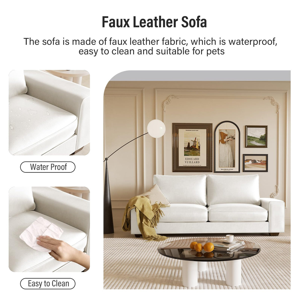 Valthie Faux Leather Couch, Mid Century Modern Comfy Loveseat Sofa with Wide Arm, Side Pockets, Solid Wooden Frame for Office, Living Room and Bedroom, 2 Seater (White, 71.25 Inches) Valthie