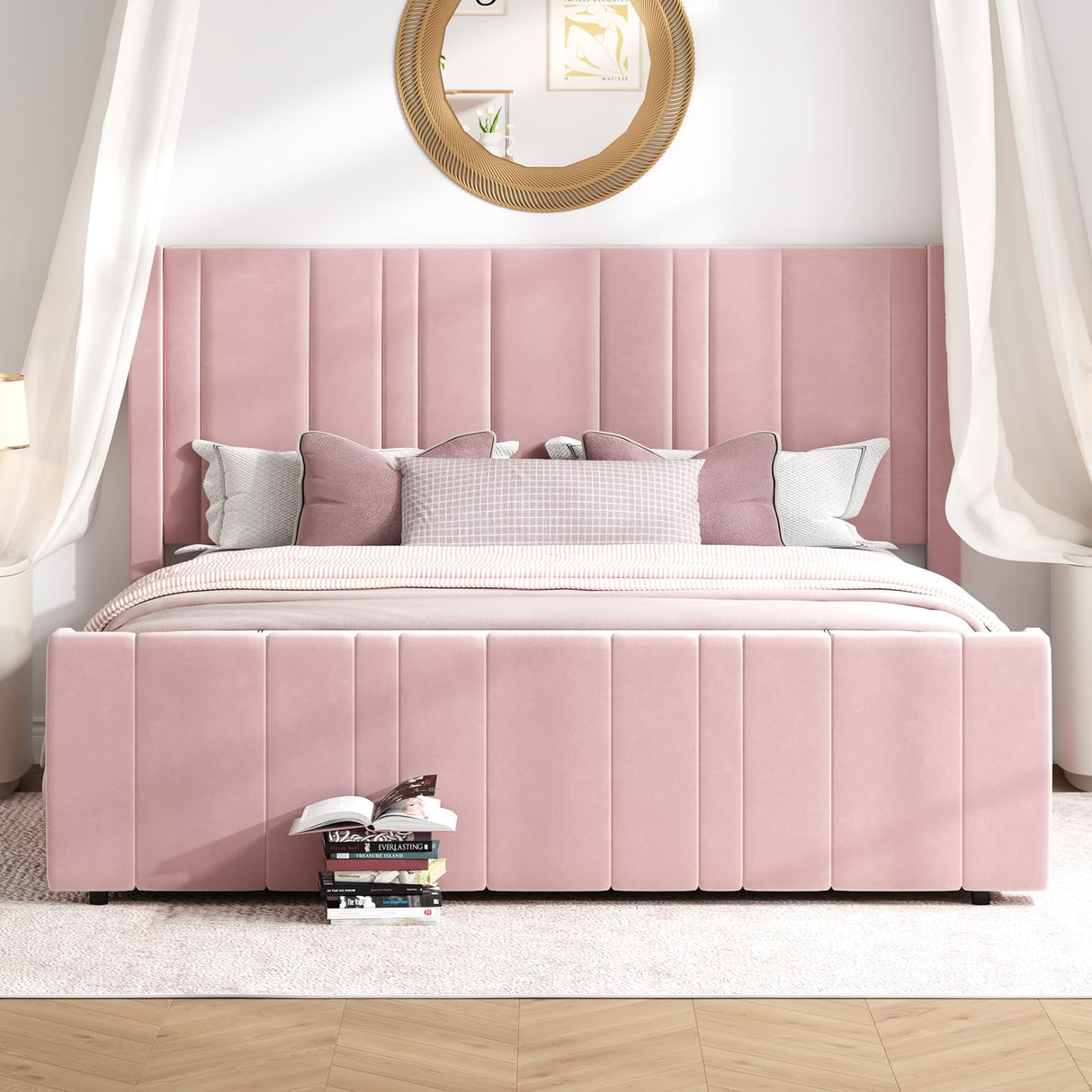 HOMBCK King Size Bed Frame, Soft Upholstered Bed Frame with Vertical Channel Tufted Headboard, Soft Bed Frame King, Tall Footboard, Noise Free, No Box Spring Needed, Easy Assembly, Pink HOMBCK