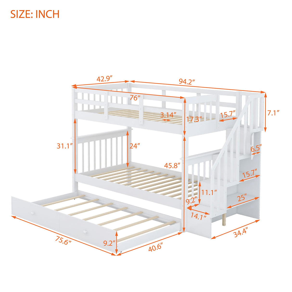 Harper & Bright Designs Twin Bunk Bed with Trundle Bed and Storage Shelf, Twin Over Twin Bunk Bed with Stairs and Guard Rail, Wood Bunk Bed Frame for Kids, Teens, Adults (Twin, White) Harper & Bright Designs