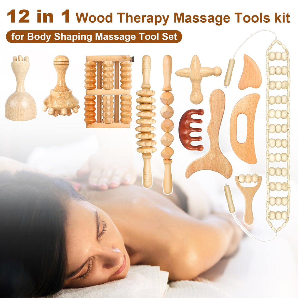 HAQQI 12 in 1 Wood Therapy Massage Tools kit for Body Shaping Massage Tool Set, Wooden Massager Body Sculpting Sets for Muscle Pain Relief, Anti-Cellulite HAQQI