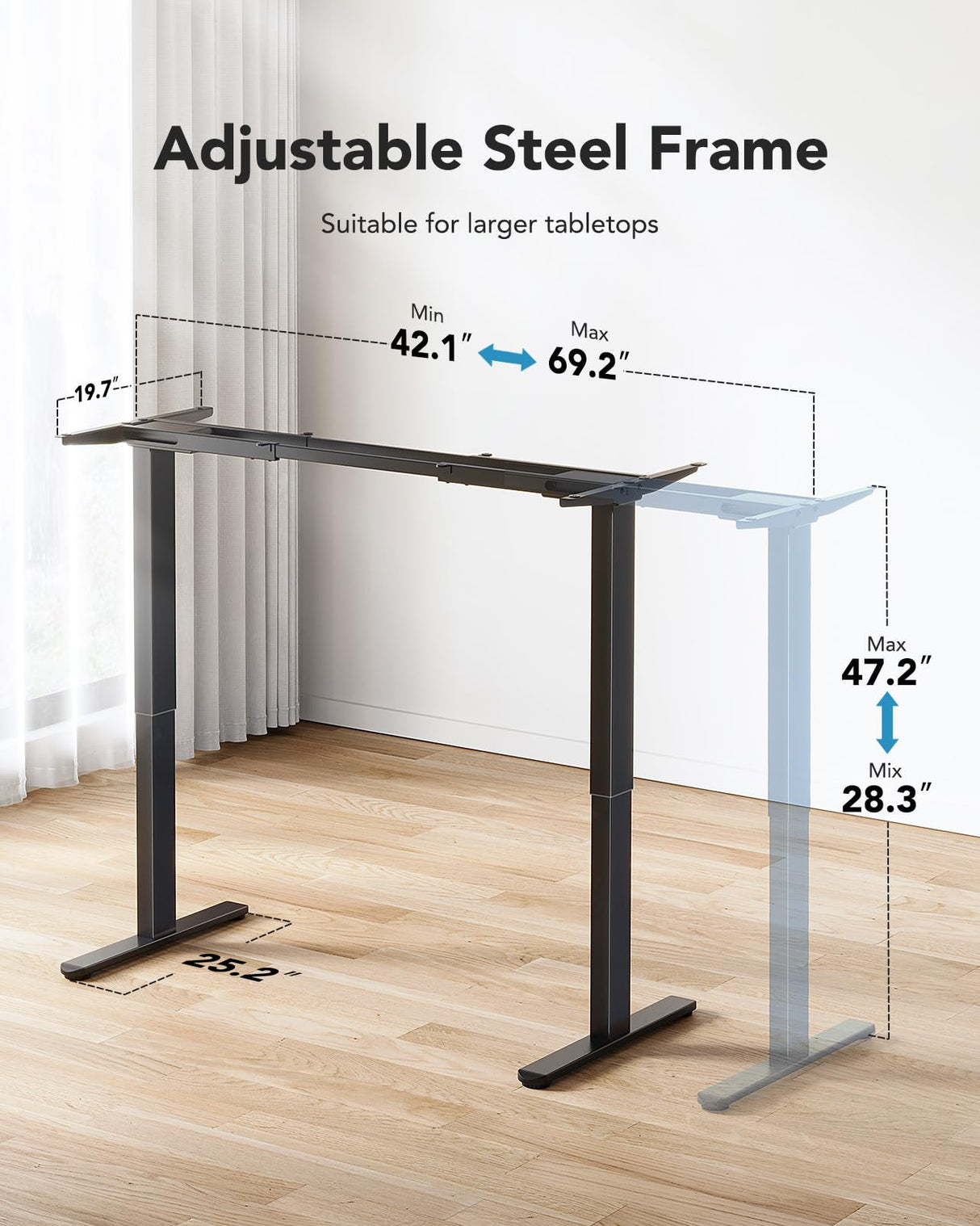 HUANUO 265 lbs Dual Motor Electric Standing Desk Frame, Thick T-Shaped Desk Legs Made of Automotive-Grade Steel, for Max 90″ x 31.5″ Desktop, Height Adjustable Desk Frame for Home Office, Frame Only HUANUO