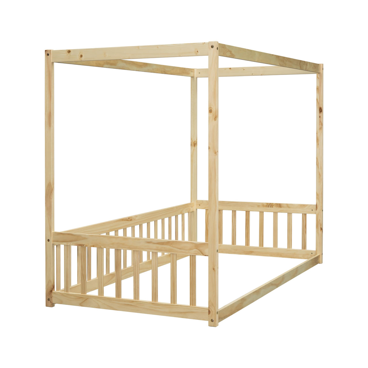 Natural Wood Twin Canopy Floor Bed with Safety Guardrails for Kids KLMM