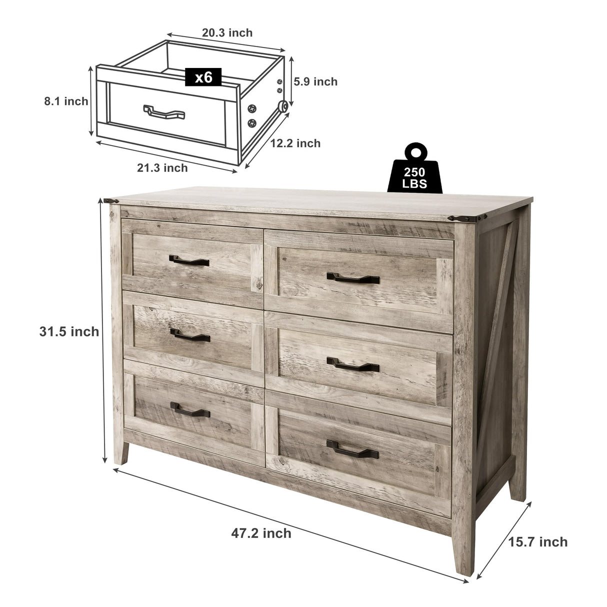 NEDYO Farmhouse 6 Drawer Dresser, Wood TV Stand, Mid Century Modern Chest of Drawers, Wooden Dresser Storage Organizer Cabinet for Bedroom Living Room Hallway and Entryway. Light Rustic Oak NEDYO
