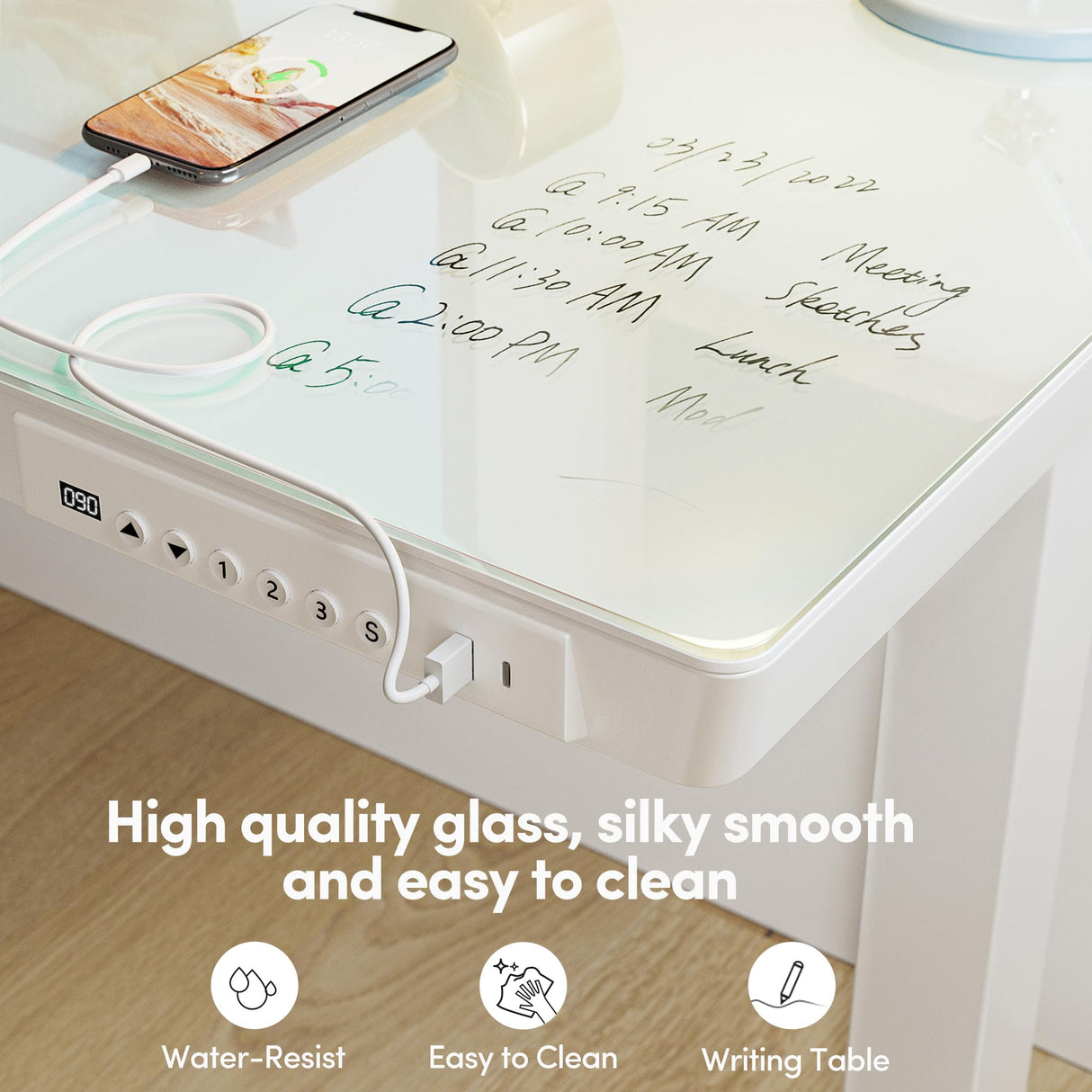 BANTI Electric Standing Desk with Drawers, 48 inch Whole-Piece Glass Desktop, Height Adjustable Stand up Sit Stand Home Office Ergonomic Workstation, White Tabletop BANTI