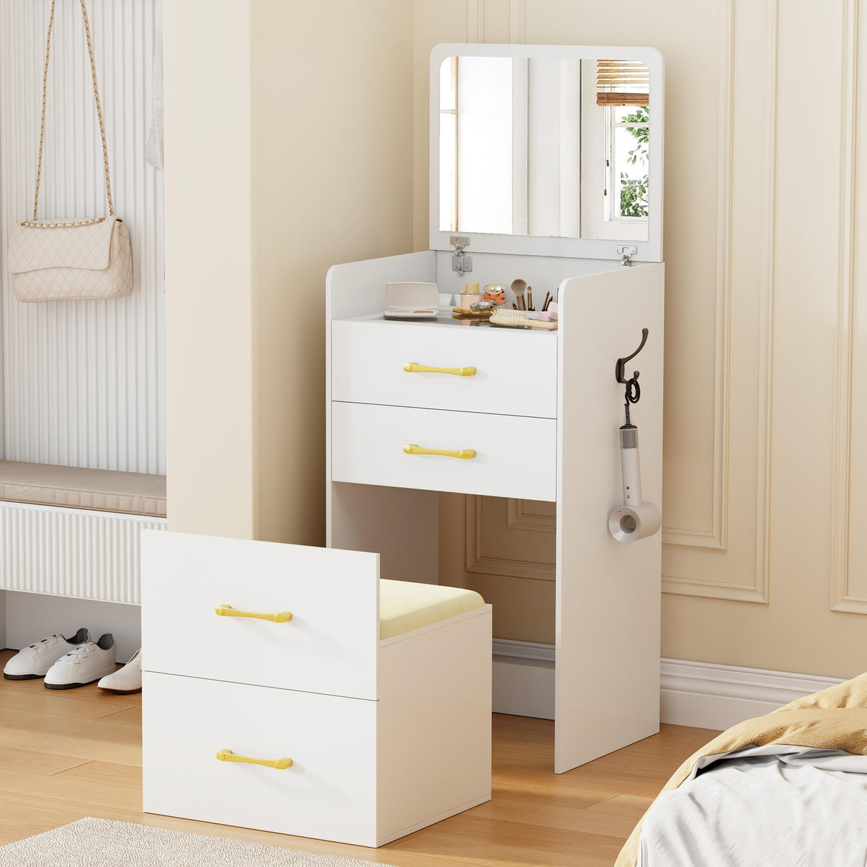Lvifur 3-in-1 Vanity Desk with Flip Top Mirror, Makeup Vanity Table with Cushioned Stool for Small Space, Compact Dressing Table, Vanity Set for Bedroom Lvifur