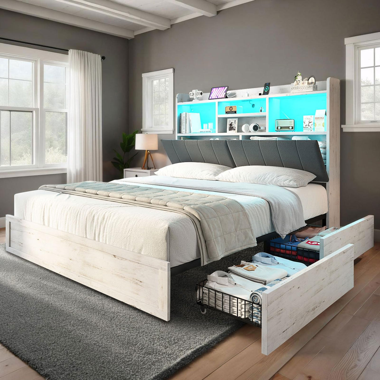 LUXOAK Full LED Bed Frame with Bookcase Headboard and 4 Drawers,Farmhouse Storage Bed with Charging Station & Linen Upholstered, No Box Spring Needed, Distressed White LUXOAK